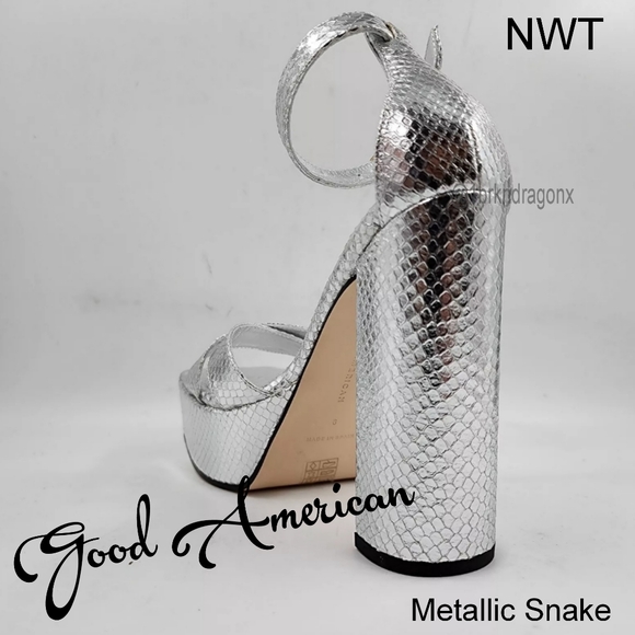 NWT Metallic Snake Platforms Open Toe Silver Block Heel Sandals Ankle Strap Lock - Picture 12 of 16